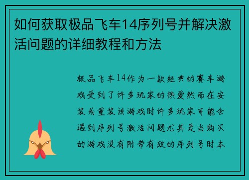 如何获取极品飞车14序列号并解决激活问题的详细教程和方法